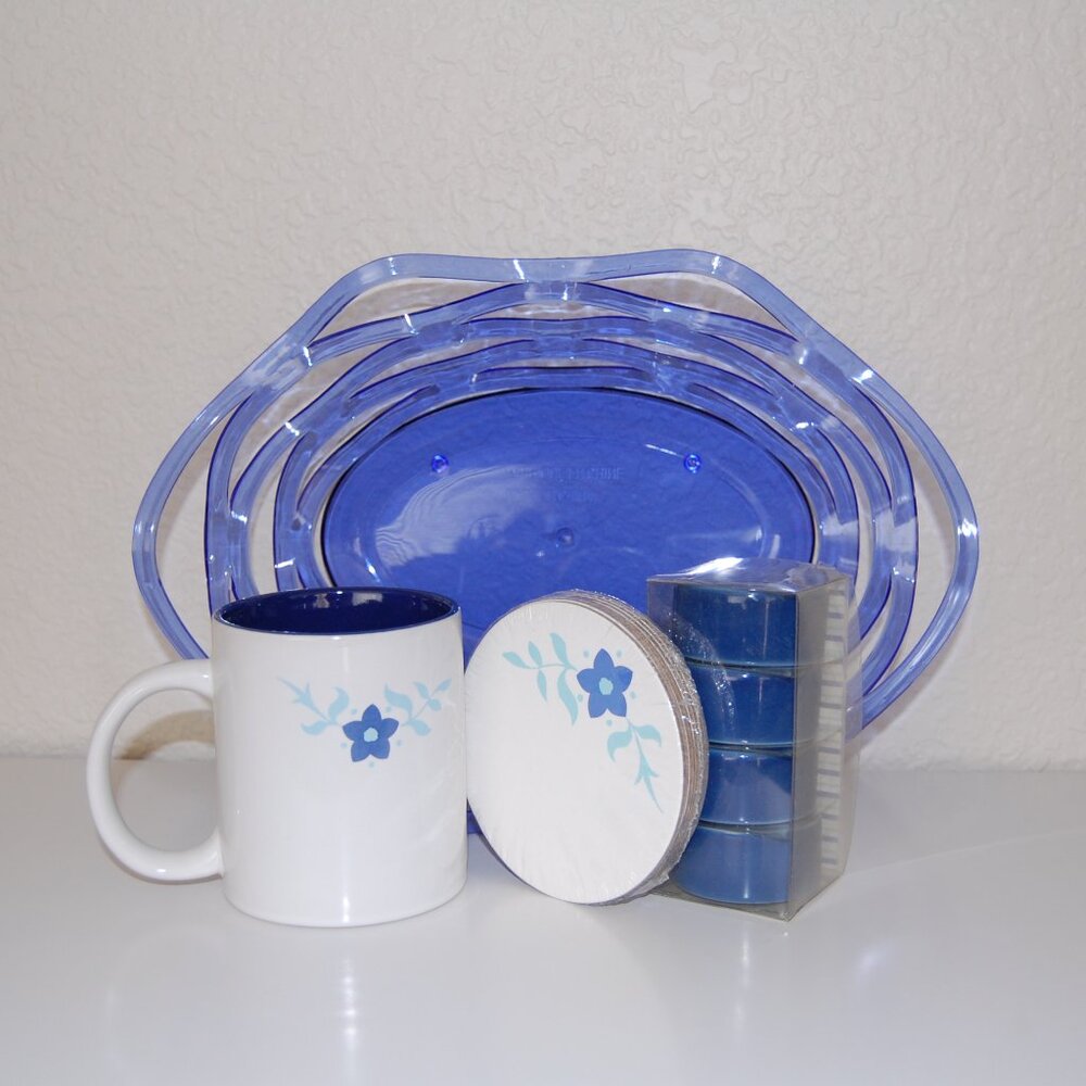 NWOT Michaels Blue Kitchen Set: Mug, Coasters, Napkin Rings, & Basket